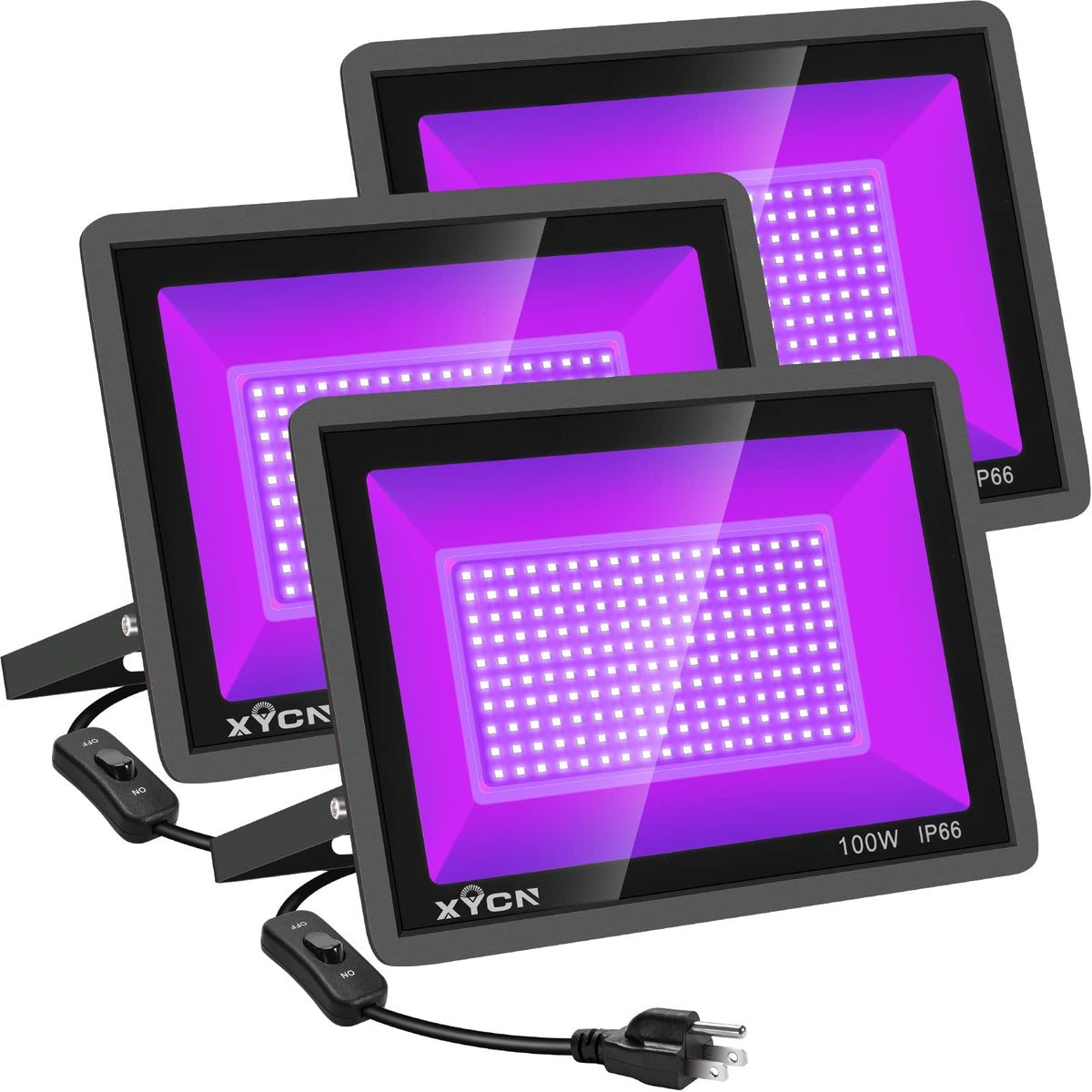XYCN 3-pack 100W black light flood lights front view showy glow for fluorescence