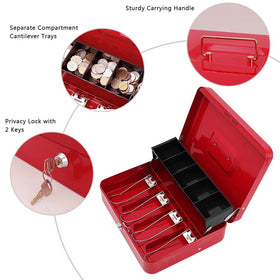 Xydled cash box lid open with tiered tray and coin compartments visible.