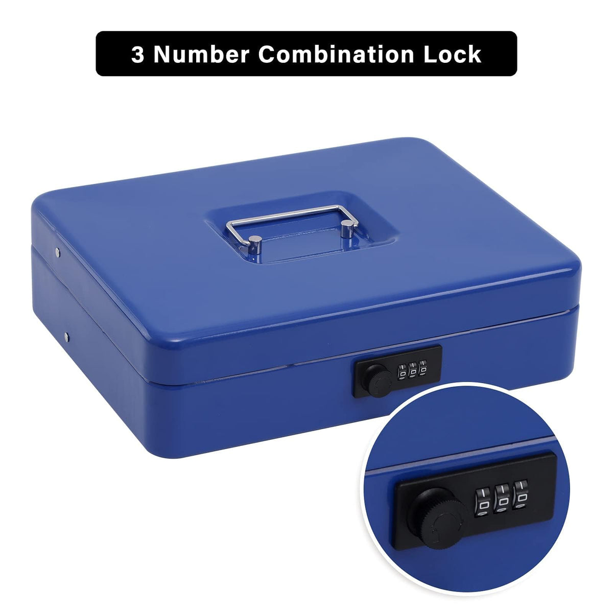 Xydled blue cash box with portable handle for on-the-go use.
