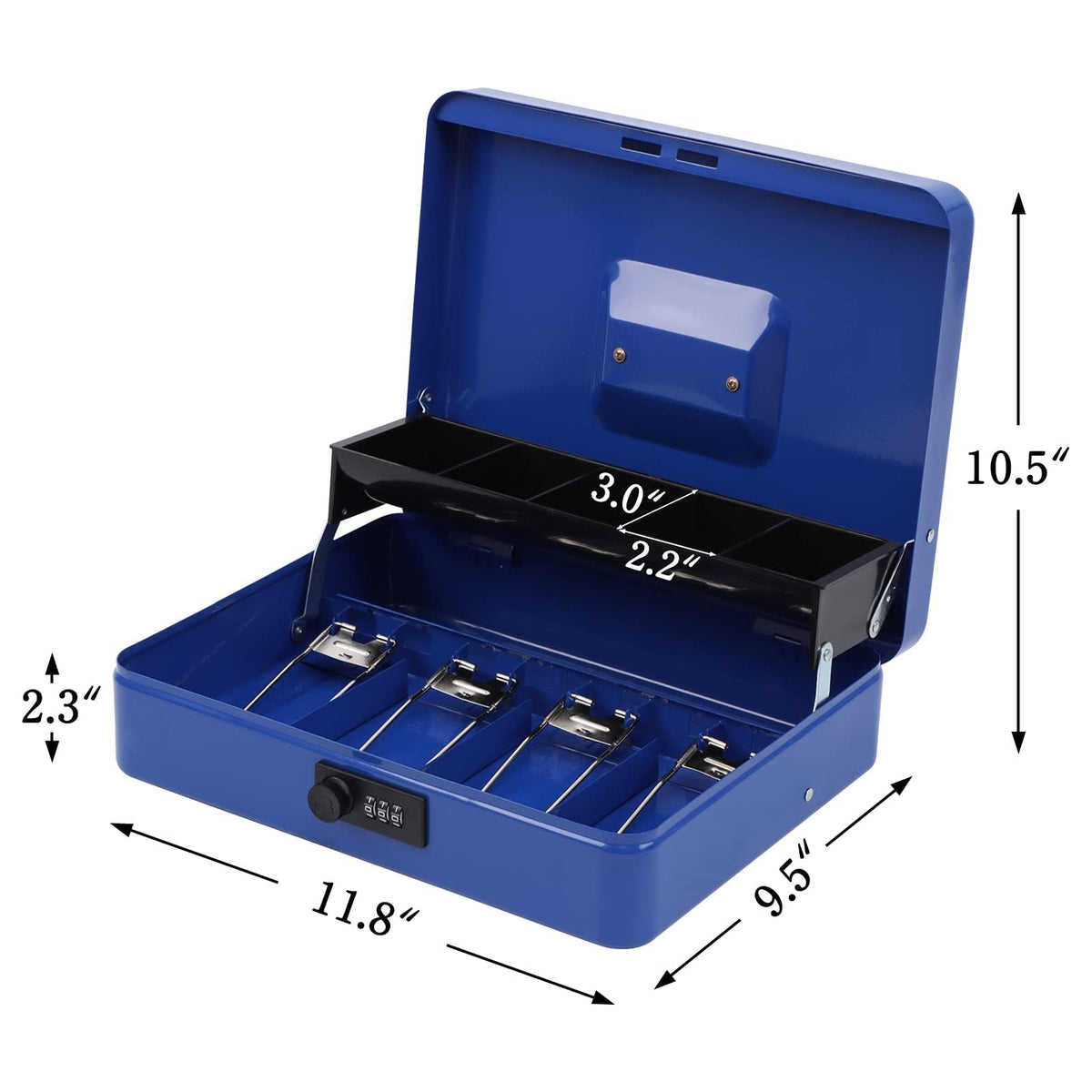 Xydled cash box with tiered cantilever tray for quick coin access.