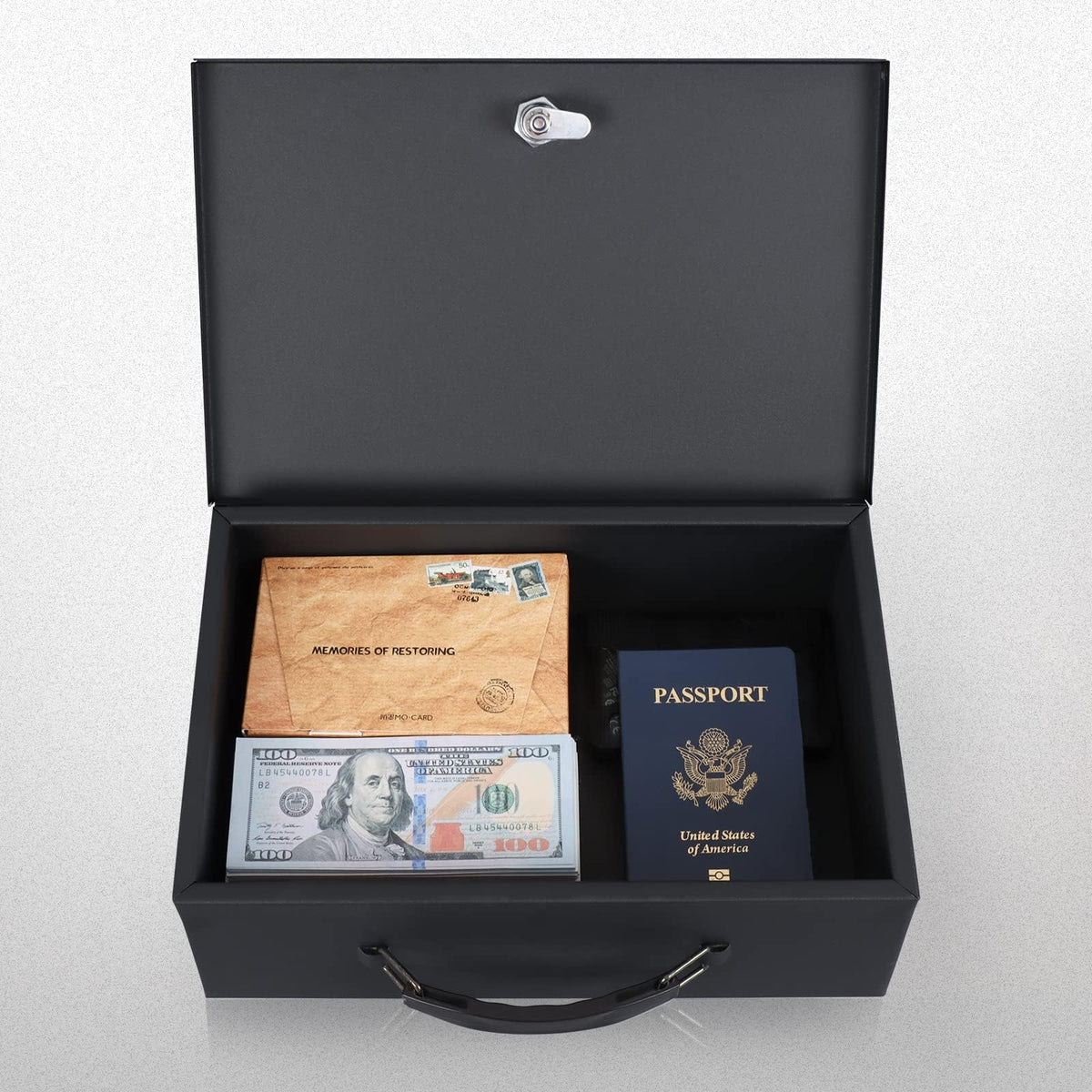 Xydled fire safe box portable handle enables easy relocation.