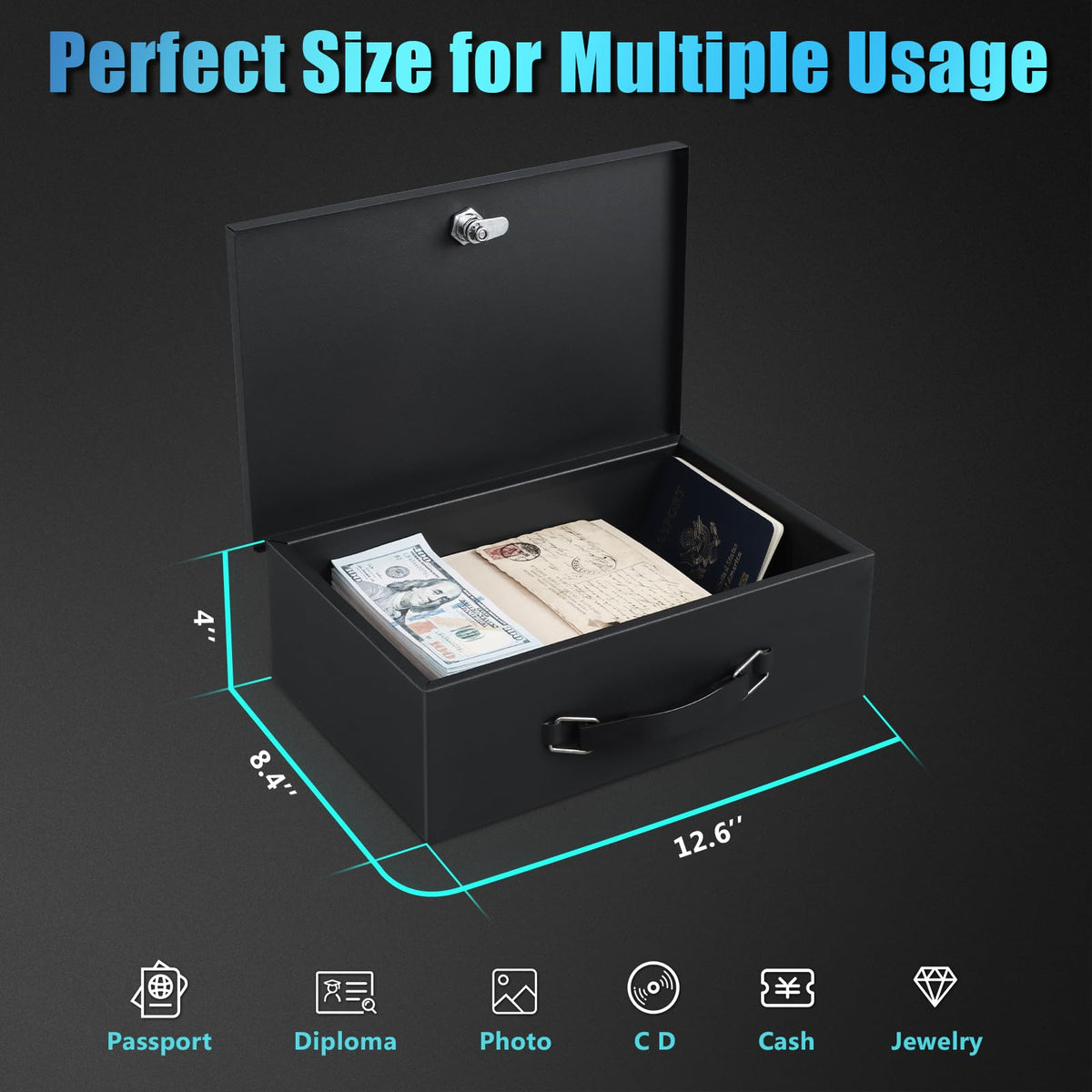 Xydled fire safe box sturdy metal construction resists tampering.