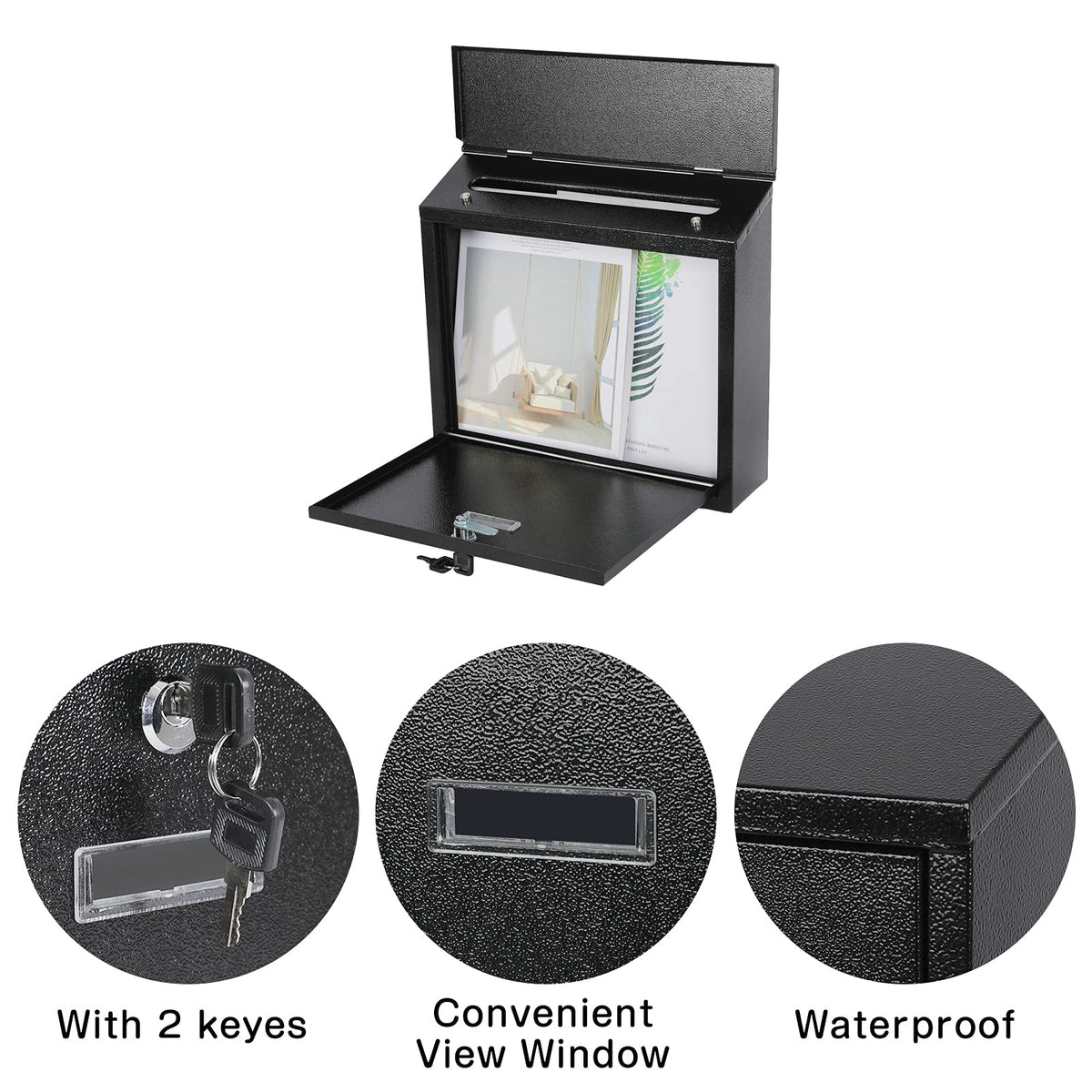 Xydled metal postbox exterior with weather-resistant coating protects contents in rain.