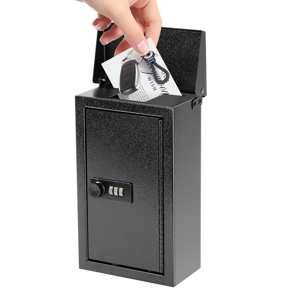 Xydled wall-mounted key drop box with combination lock, front view, secure and convenient.