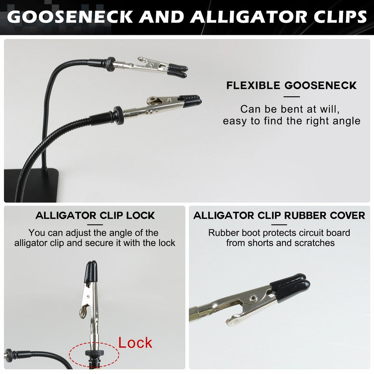 XYK rotatable alligator clips protect delicate surfaces.