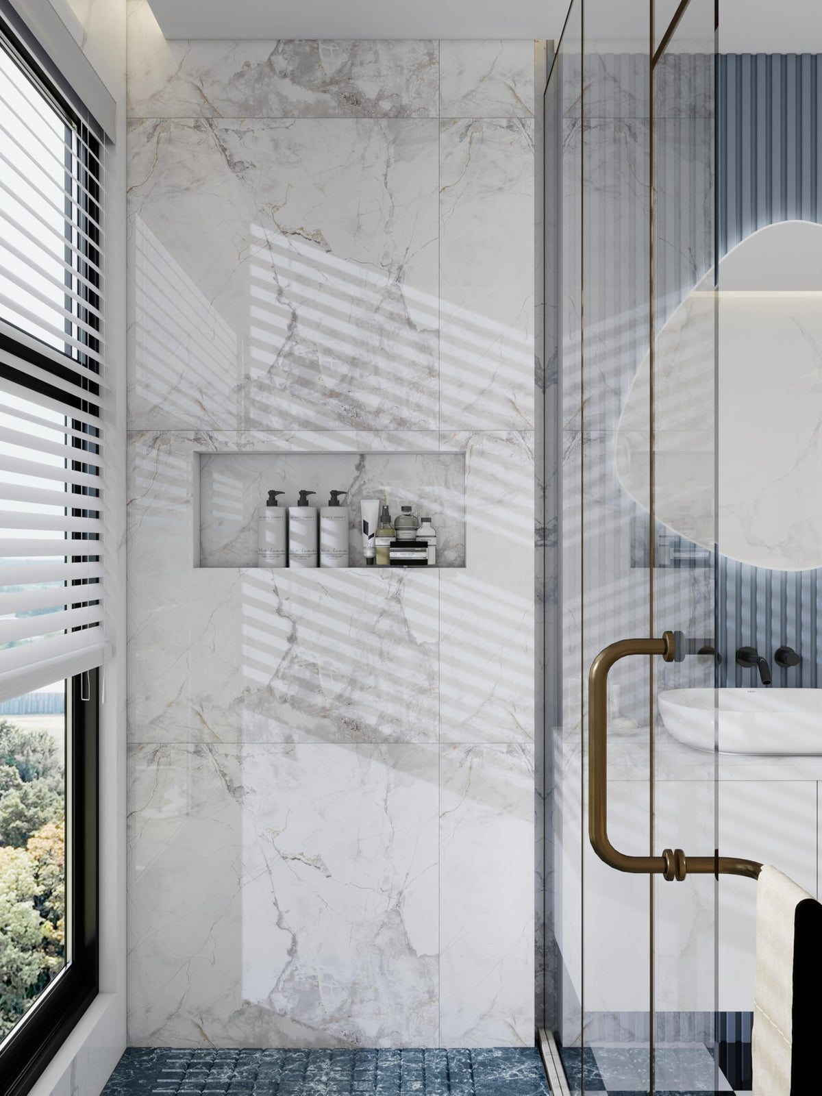 XZETORA black niche installed in modern shower offers clean finish.
