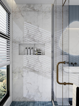 XZETORA black niche installed in modern shower offers clean finish.