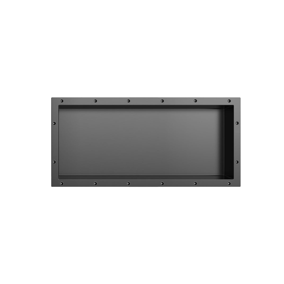 XZETORA shower niche in black with built-in storage for toiletries.