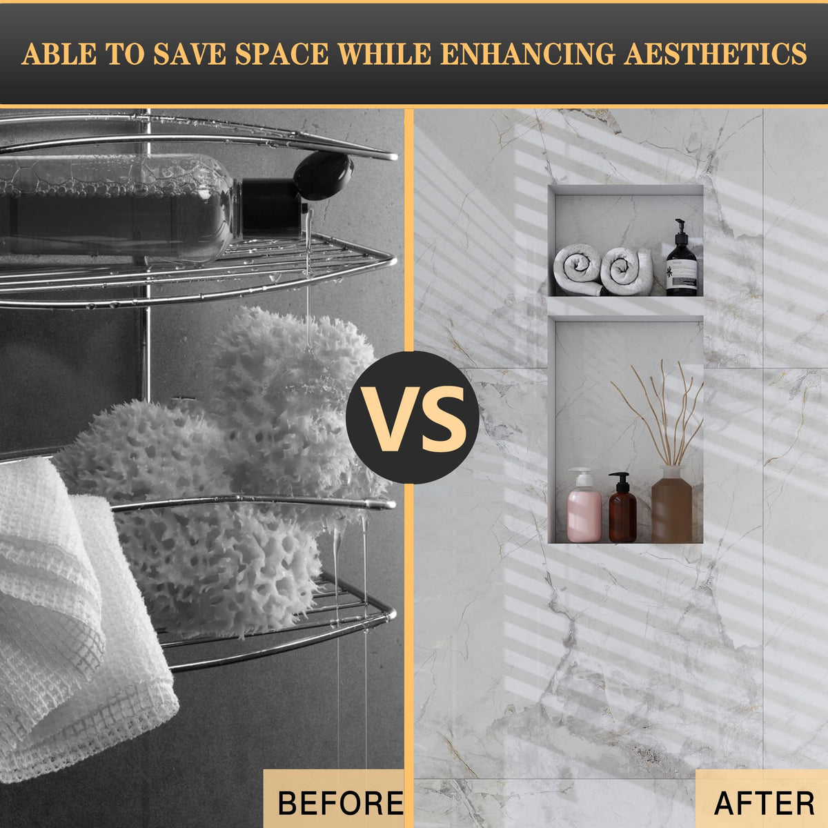 XZETORA interior storage in black niche keeps toiletries organized.