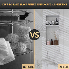 XZETORA interior storage in black niche keeps toiletries organized.