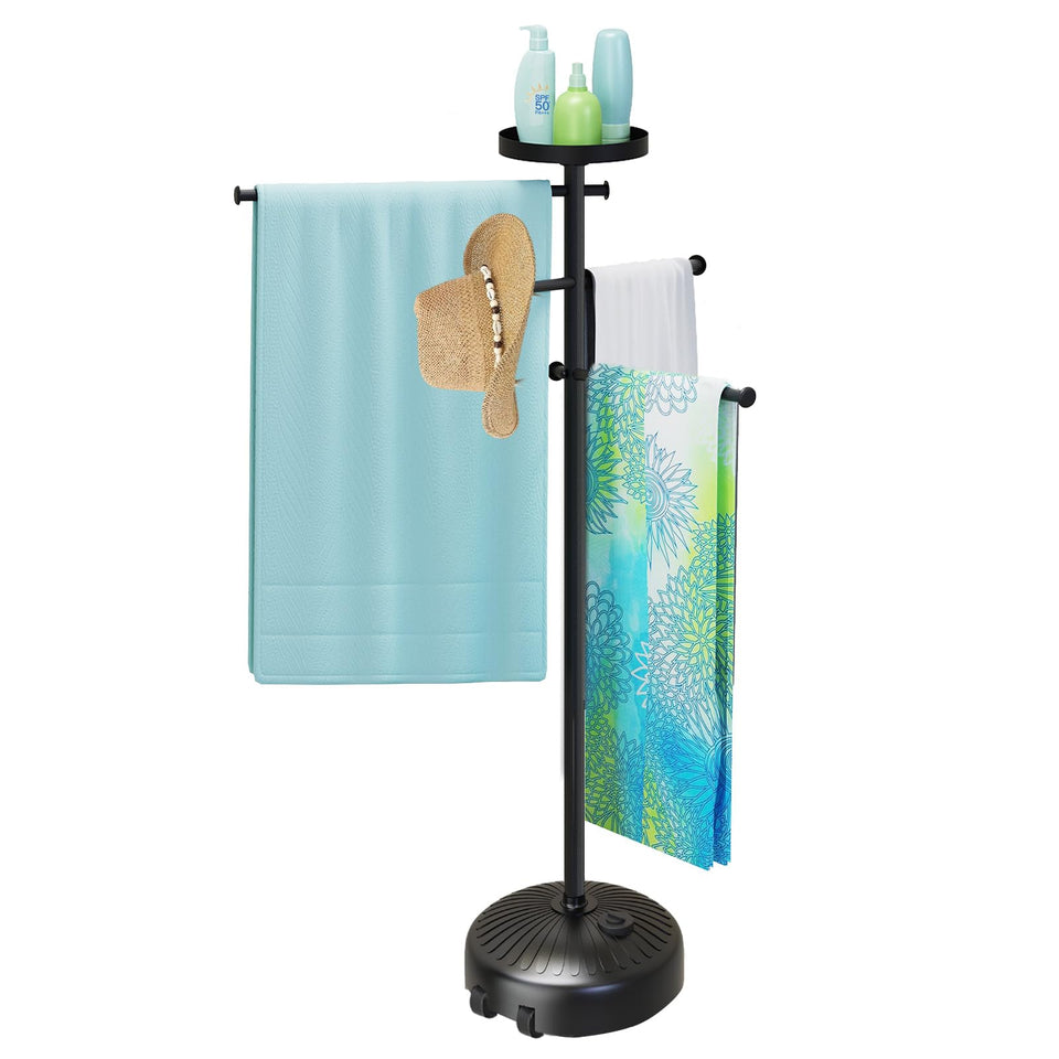 YACONA pool towel rack with sturdy base and wheels for easy poolside positioning