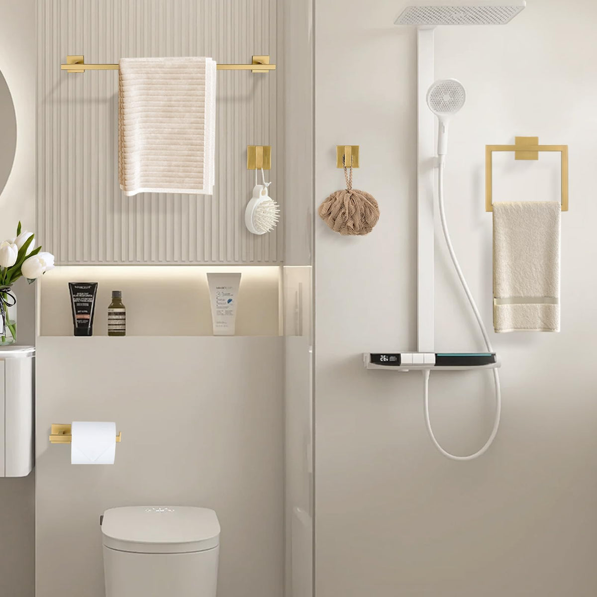 YACVCL brushed gold towel bar demonstrates space-saving design for compact bathrooms.