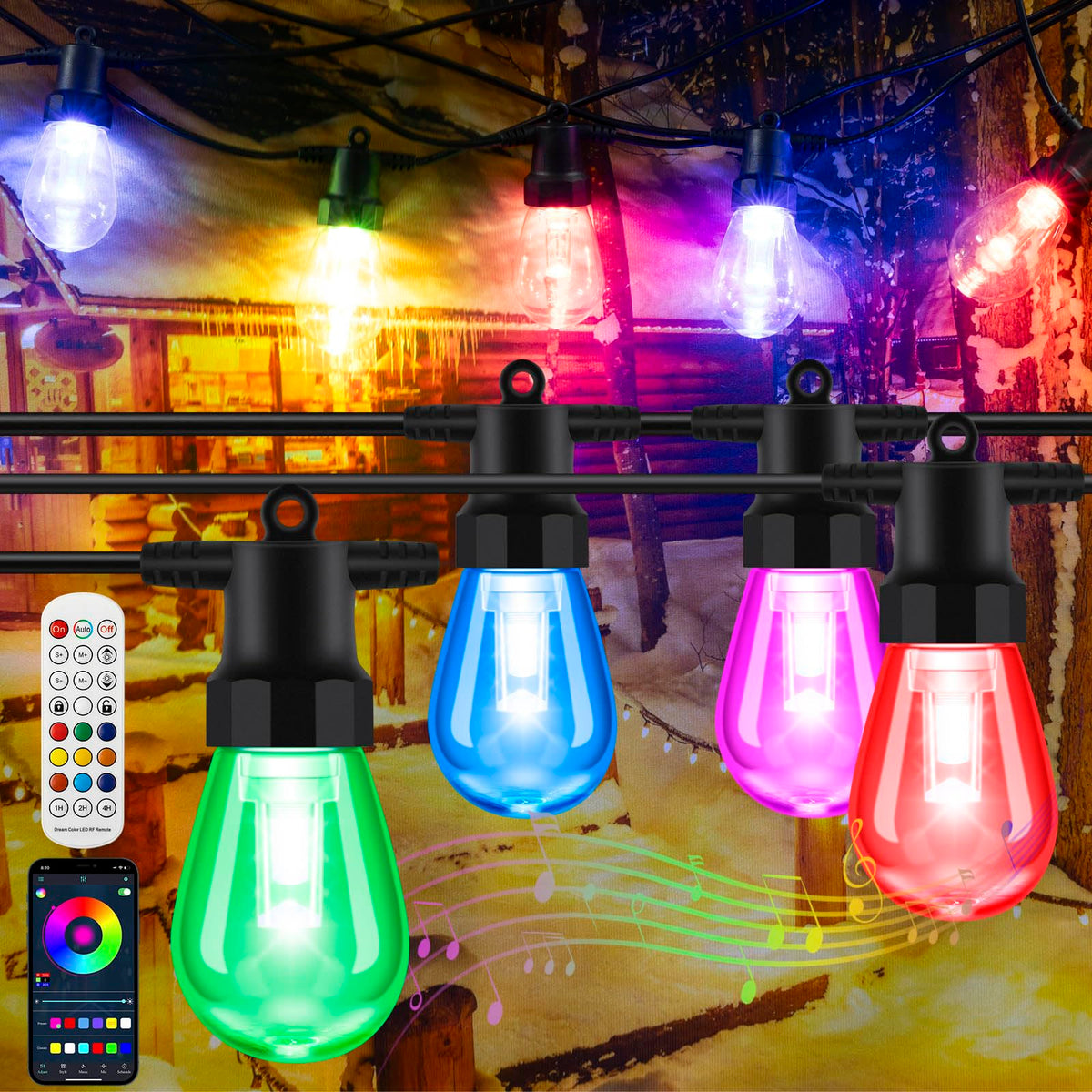 YAIYAN 50ft color-changing outdoor string lights lighting a sunset-lit patio for festive evenings
