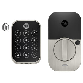 Yale Assure Lock 2 Touch front view in satin nickel enabling quick fingerprint entry.