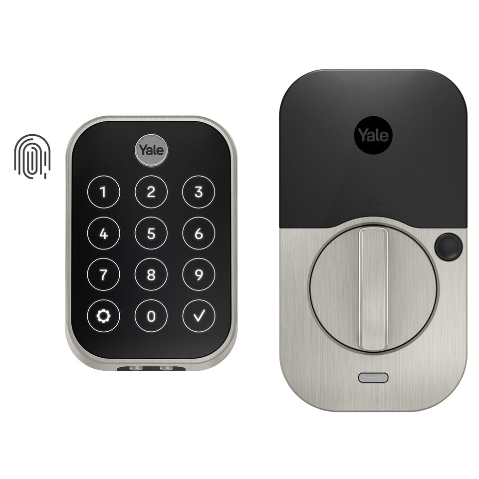 Yale Assure Lock 2 Touch front view in satin nickel enabling quick fingerprint entry.