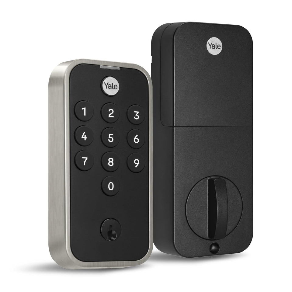 Yale Code keypad front door lock, showcasing its keypad and keyless entry with satin nickel finish.