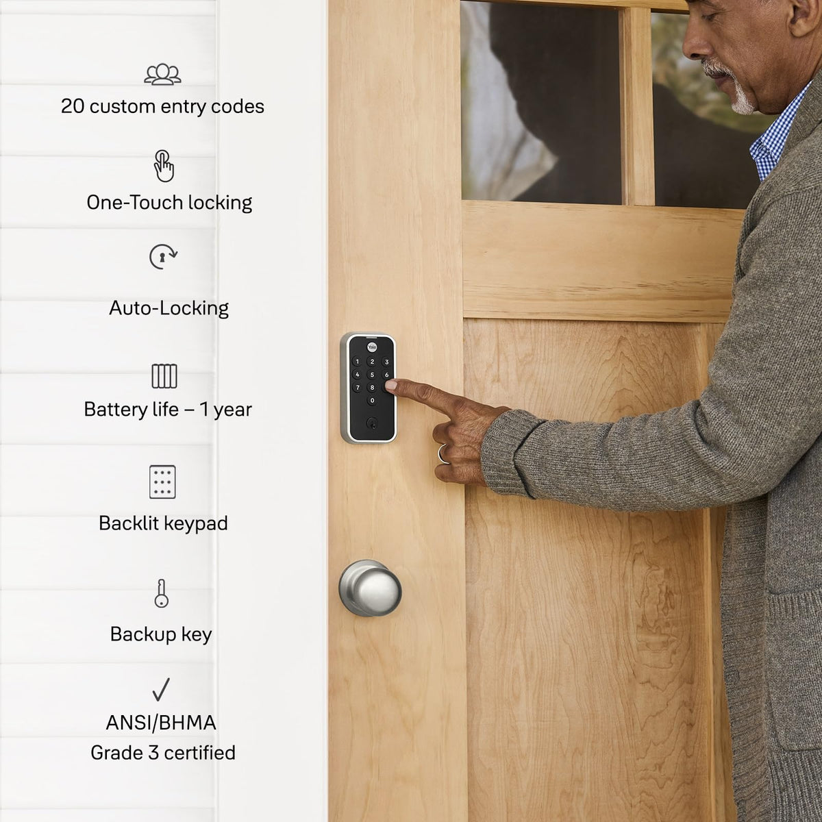 Yale Code satin nickel finish on a low-profile deadbolt blends with modern doors.