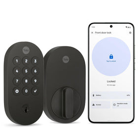 Yale matte black smart lock front view showing modern design and Matter compatibility