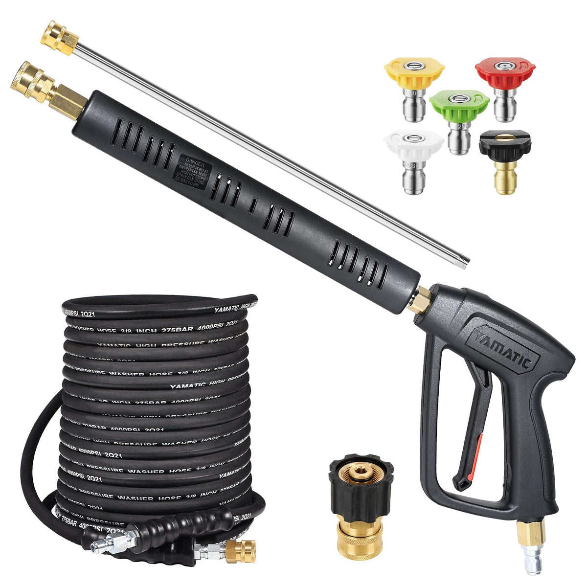 YAMATIC long pressure washer gun and 50ft hose kit for versatile outdoor cleaning.