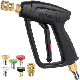 YAMATIC short pressure washer gun with swiveling inlet reduces hose tangles.