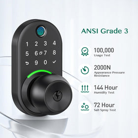 Yamiry fingerprint authentication knob close-up shows quick access options.