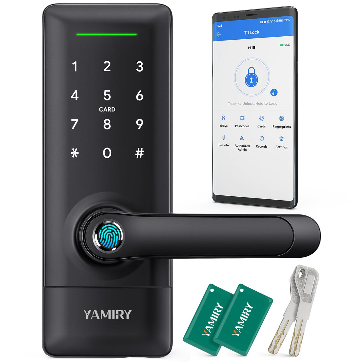 Yamiry Smart Door Lock front view showing sleek black finish for secure keyless entry