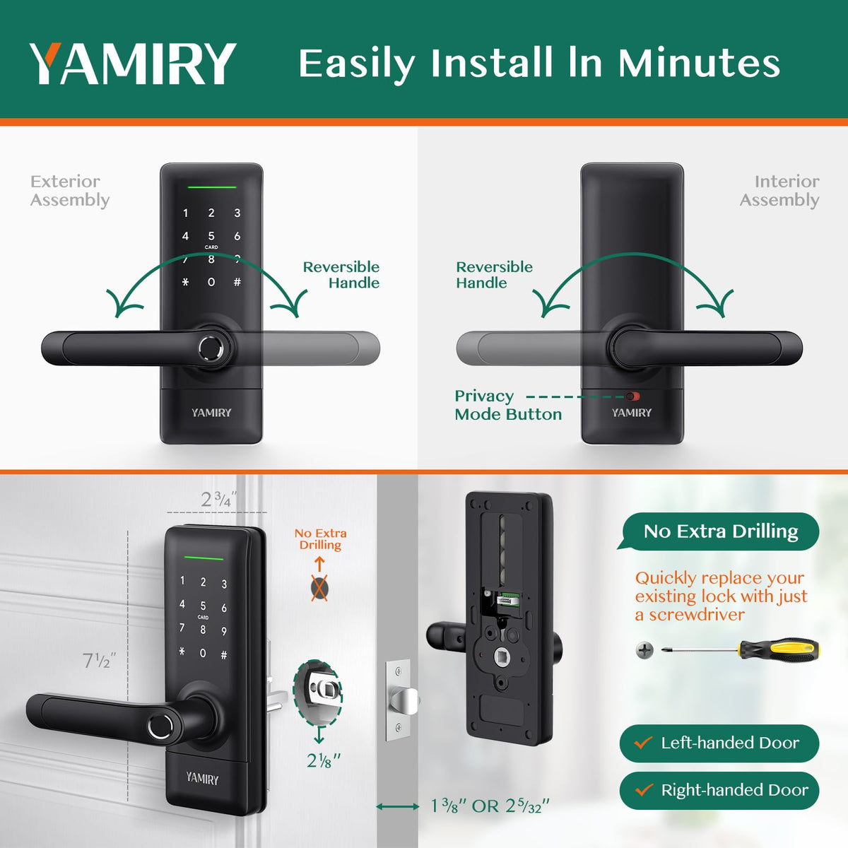 Yamiry Smart Door Lock reversible handle fits both right and left doors