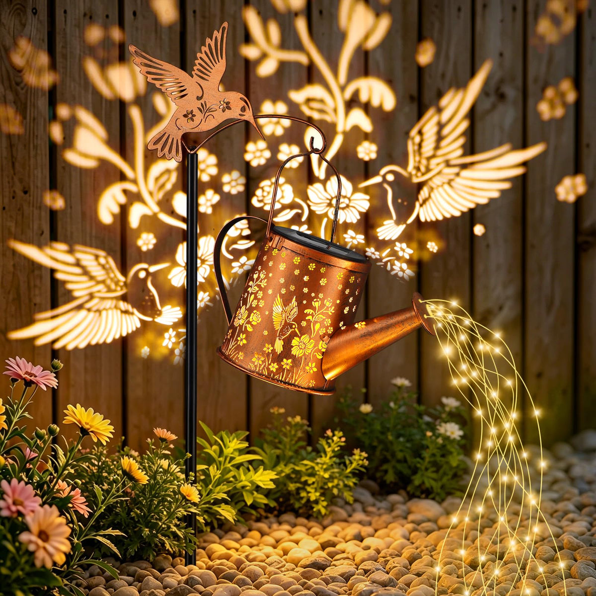 Yamodoor hummingbird solar lantern glows outdoors for patios and gardens.