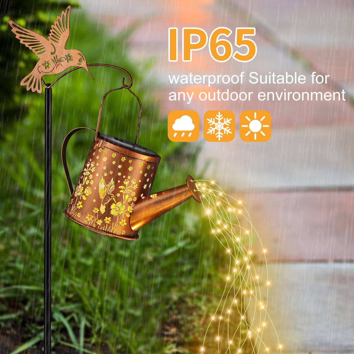 Yamodoor shepherd-hook mount enables quick outdoor hanging.