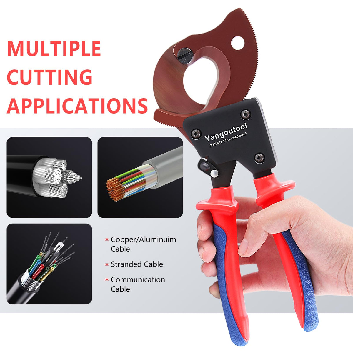Yangoutool ratchet cable cutter handles up to 240mm2 copper and aluminum cables.