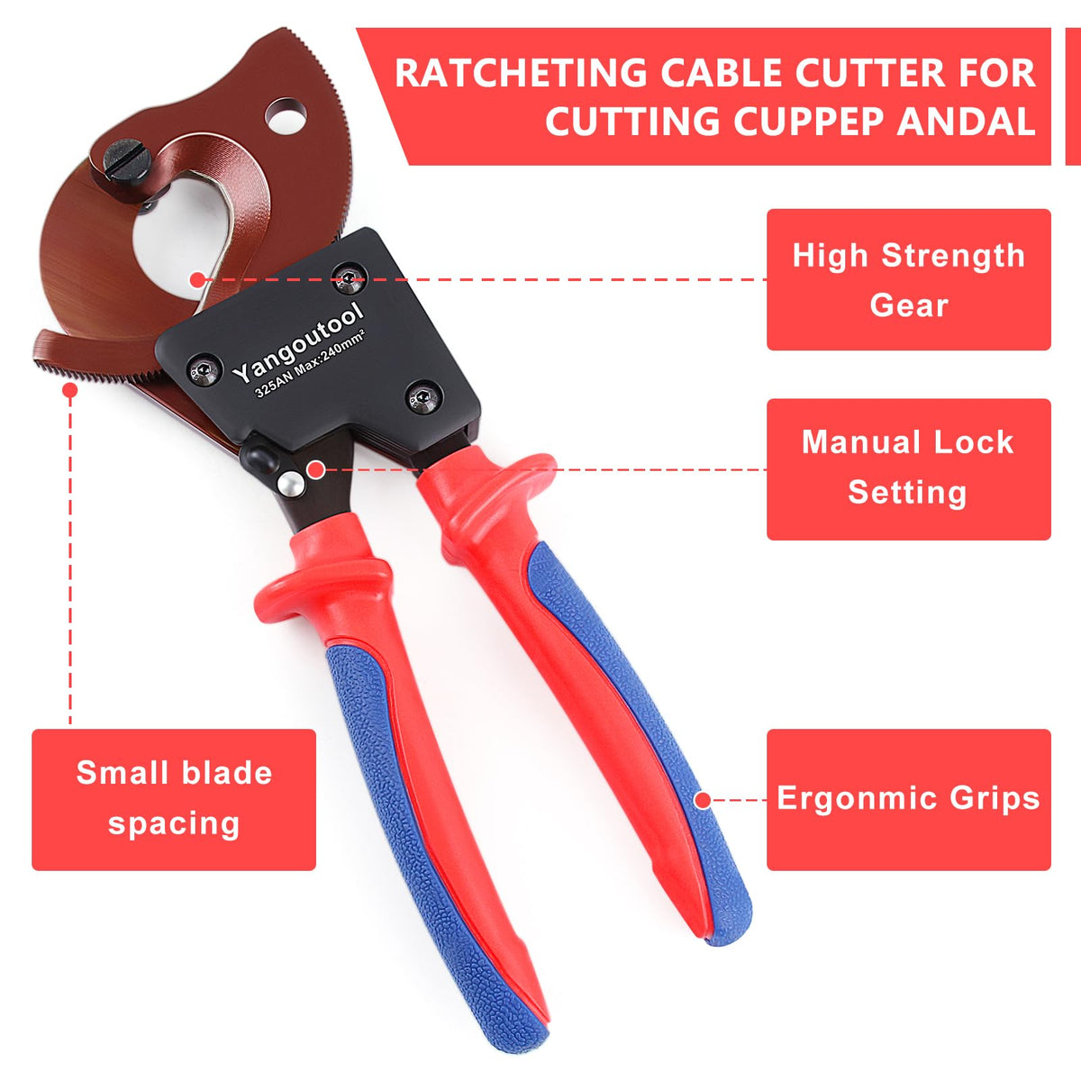 Yangoutool ratchet cable cutter with ergonomic handle for reduced fatigue.