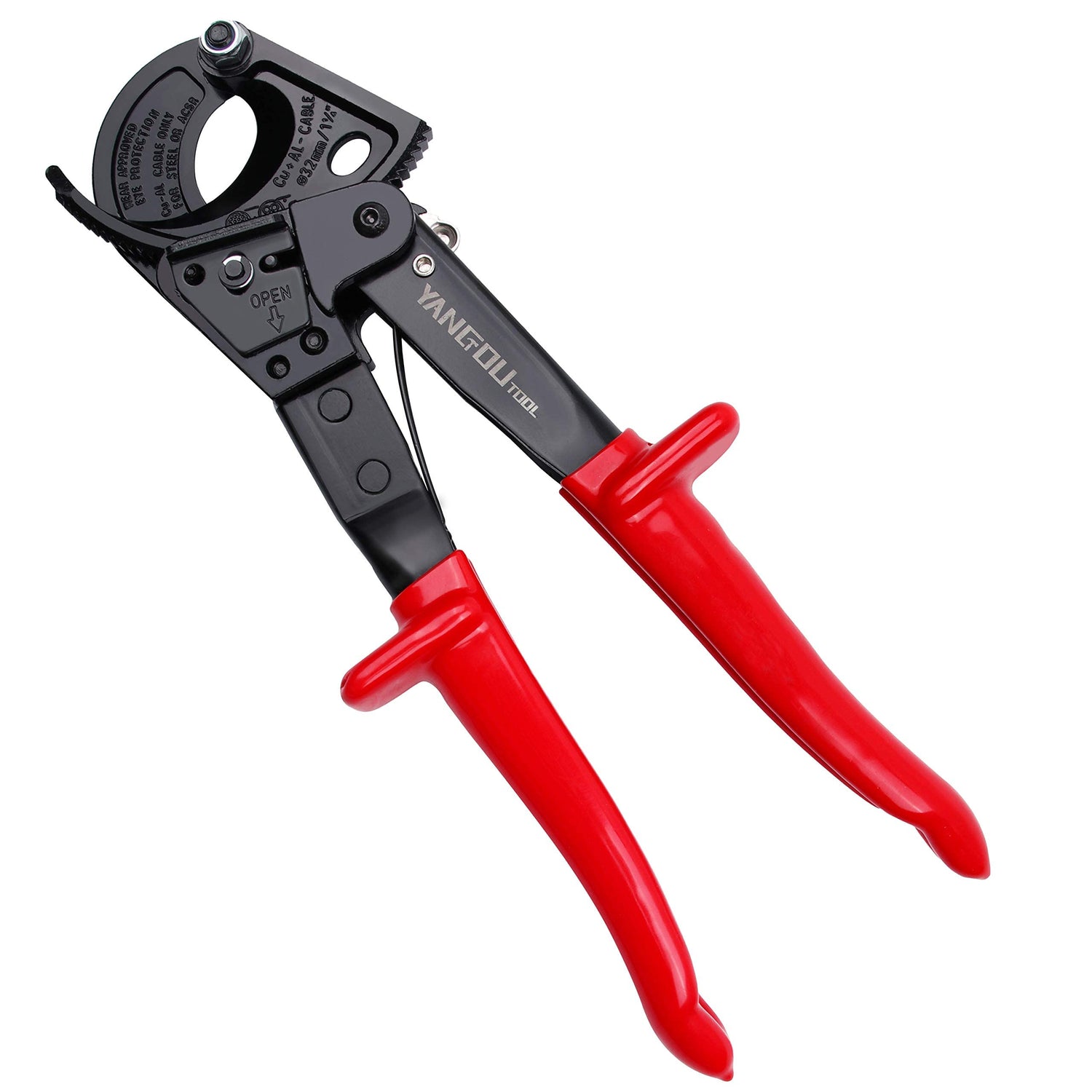 Yangoutool ratchet cable cutter side view showing rugged aluminum body for heavy-duty use.