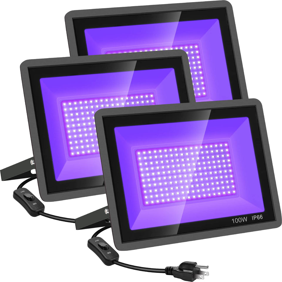 YANYCN 3-pack 100W blacklights in box for easy party setup.