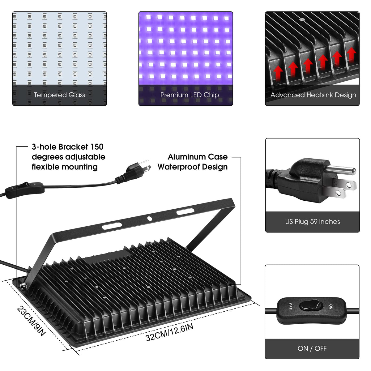 YANYCN 4 Pack 300W Black Light flood light close up heat sink durability
