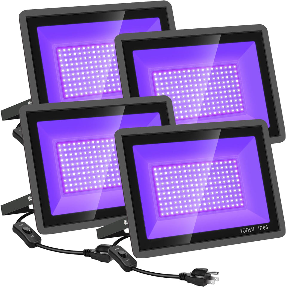 YANYCN four-pack 100W blacklights flood the area with violet glow