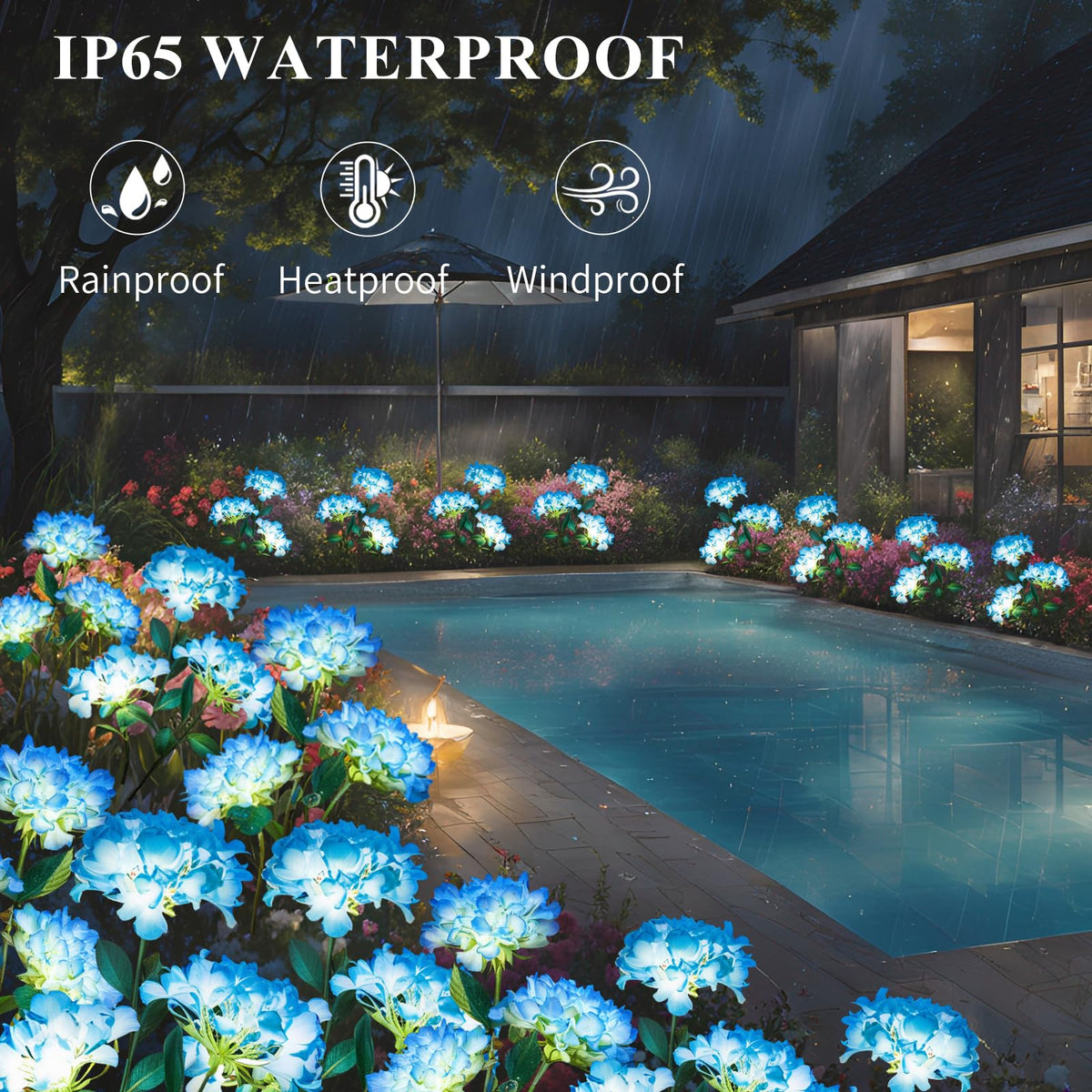 YAODEMA walkway light with blue hydrangea blooms along a yard edge