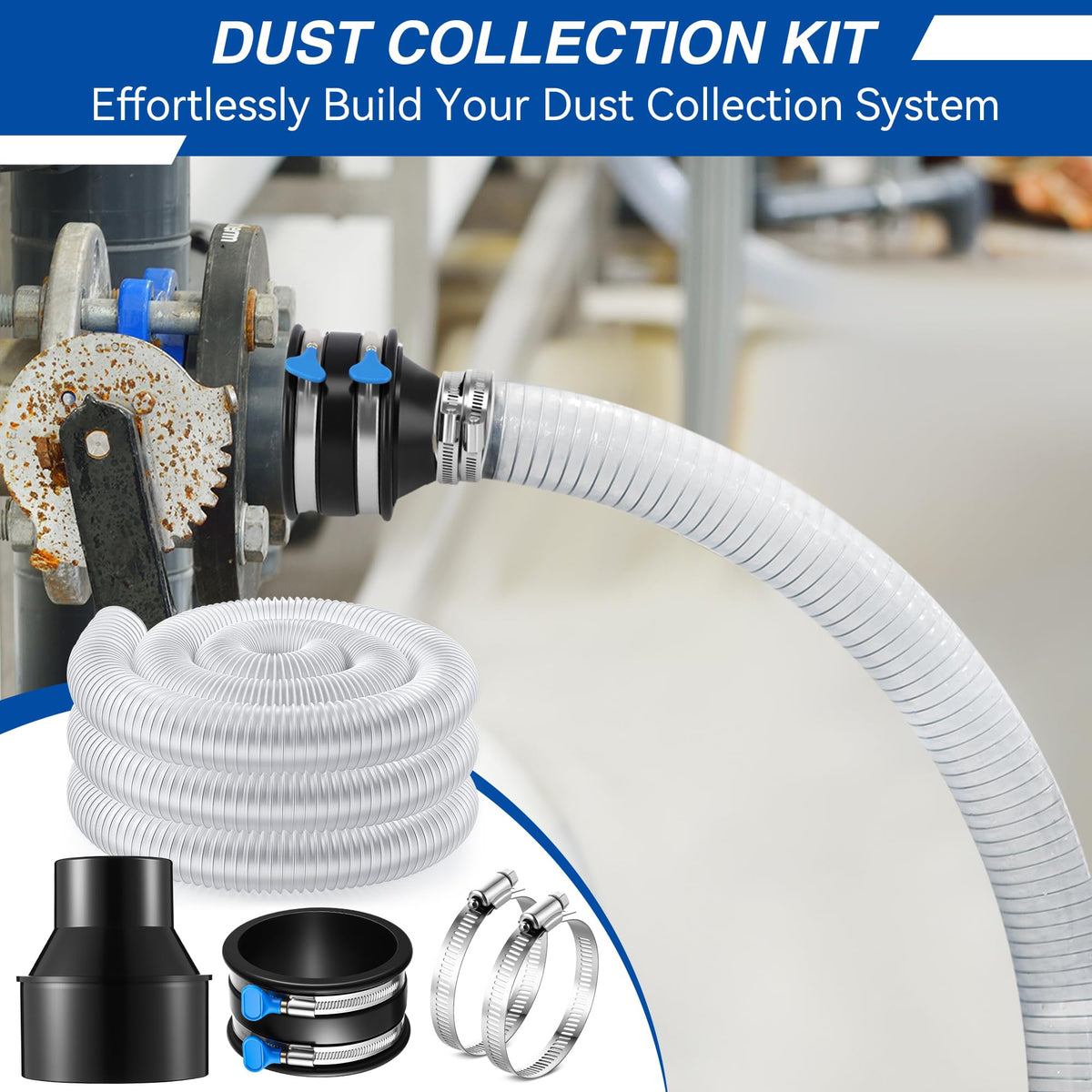 Yaomiao dust collection kit shown with 4-inch compatibility for table saw ports.