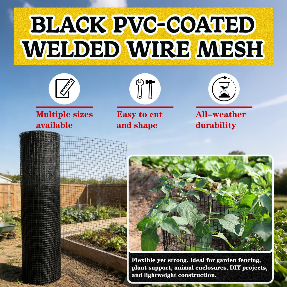Yardbliss black coated wire mesh durable for outdoor use.