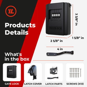 Yardlock gate lock dimensions 2-1-2 by 3-1-2 inches fit standard gates.