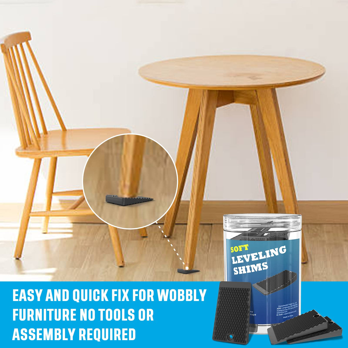 YARKOR leveler shim with non-slip grooved bottom keeps tables steady.