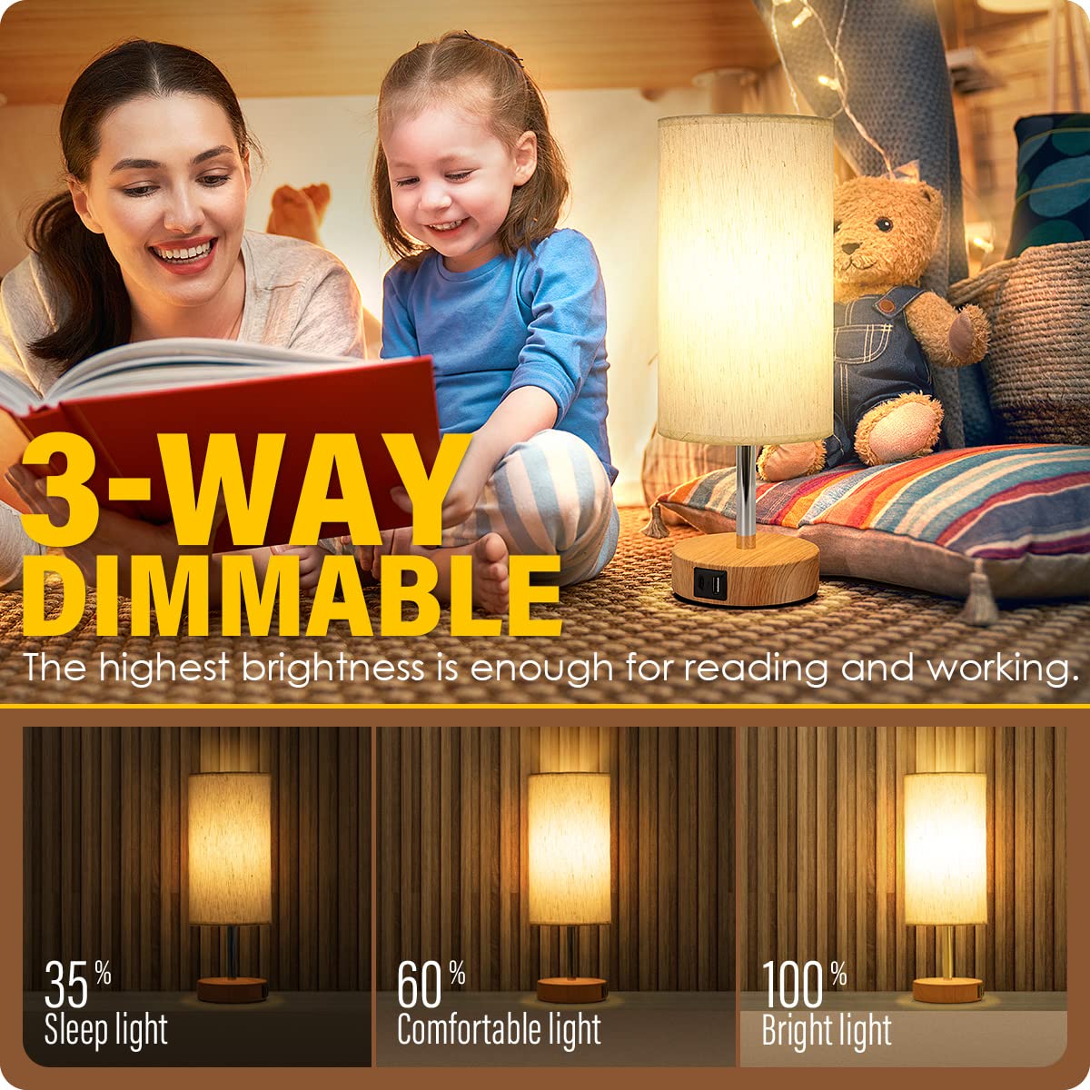 Yarra-Decor round flaxen shade bedside lamp creates warm, inviting ambience for reading.