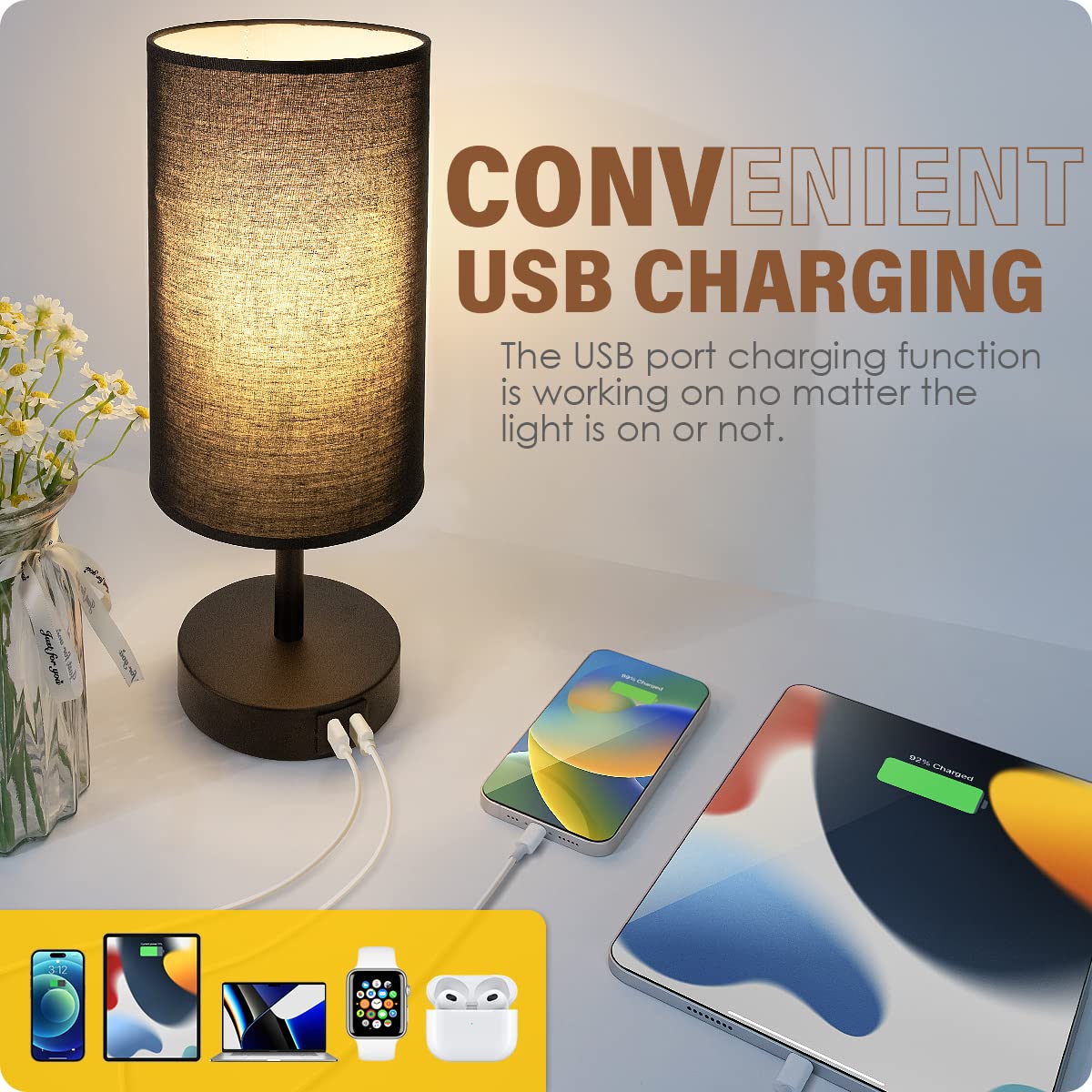 Touch-control metal base enables quick brightness changes at a glance.