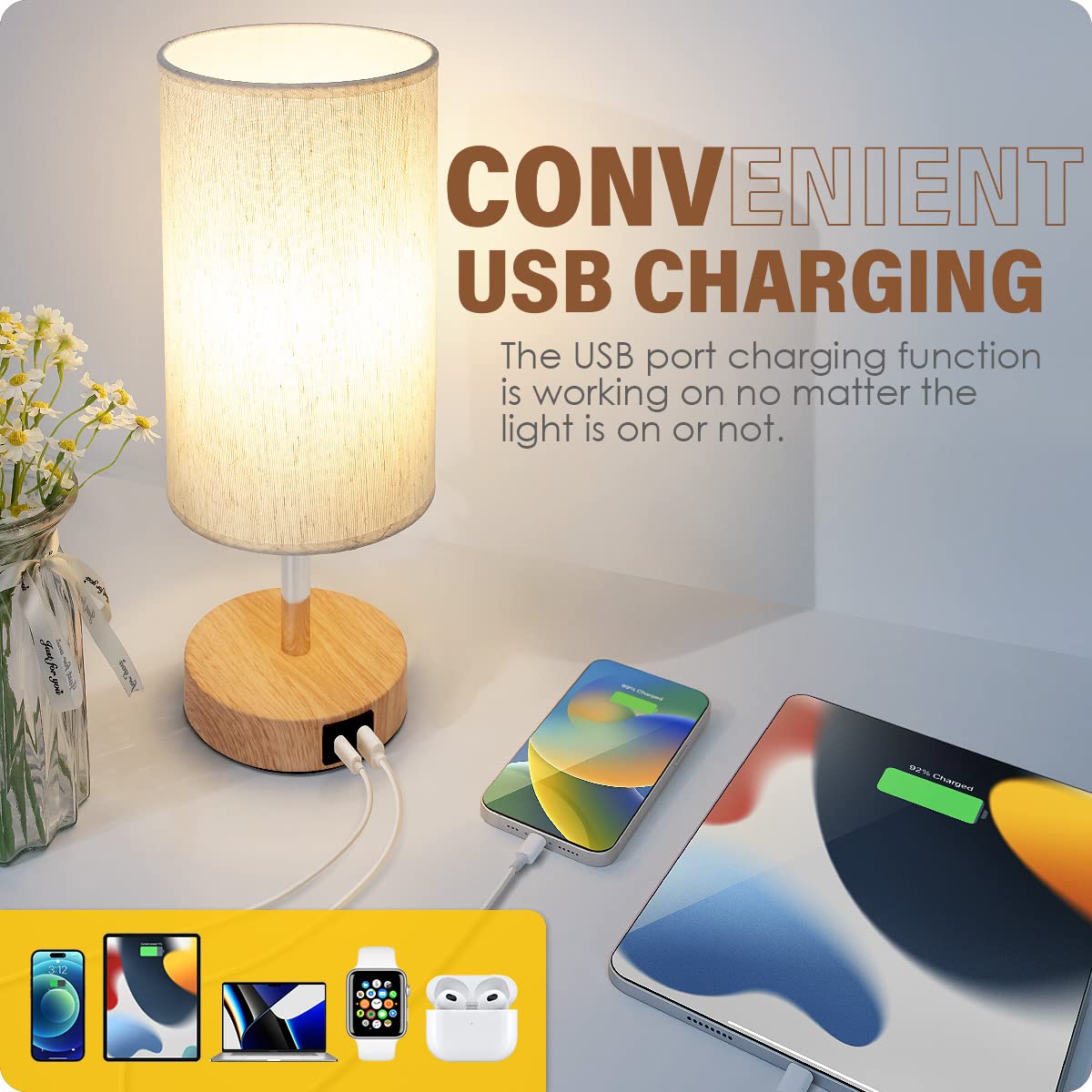 Yarra-Decor lamp with USB A C ports and USB C port for charging at night.