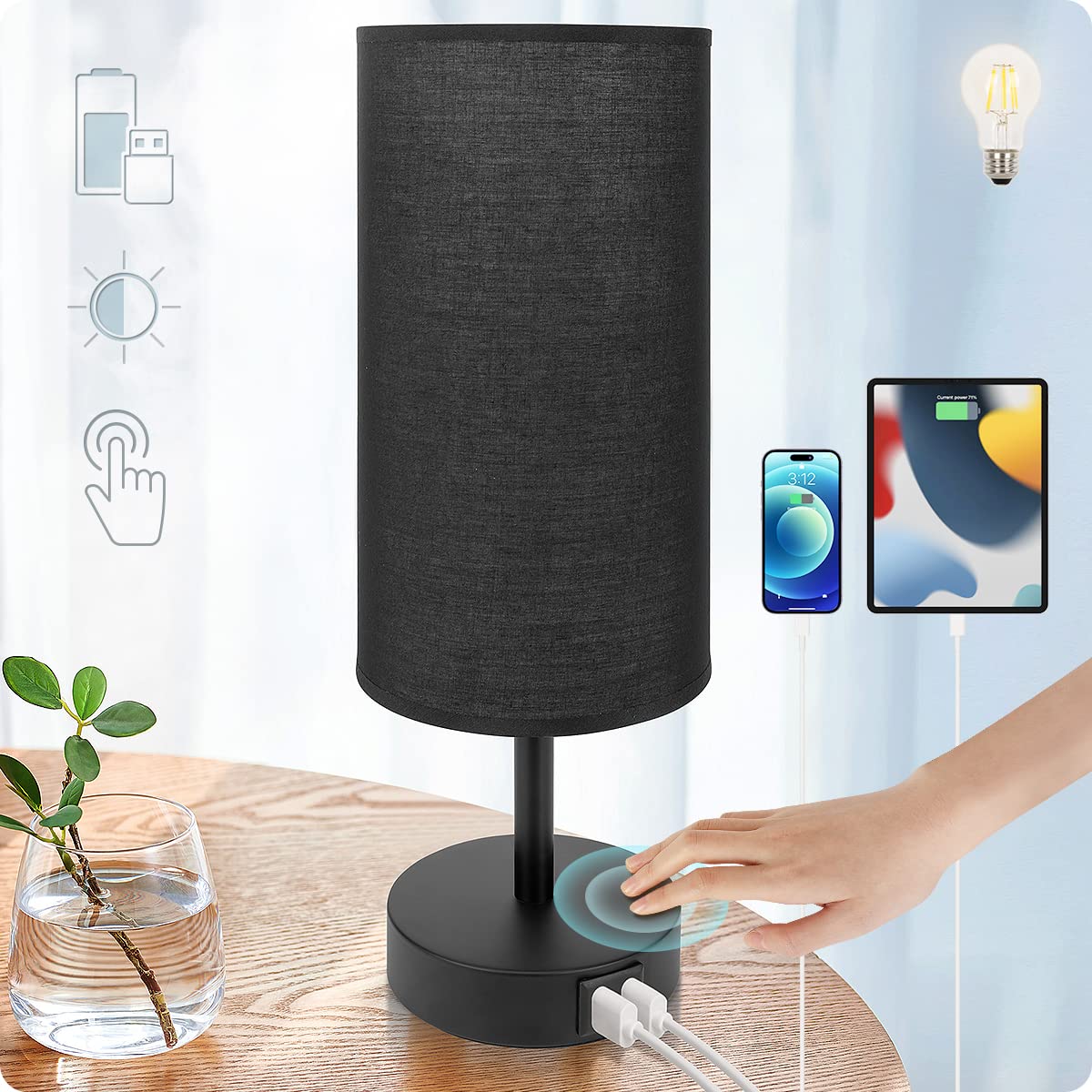 Yarra-Decor bedside lamp with USB ports and 3-way dimming for convenient bedside charging.