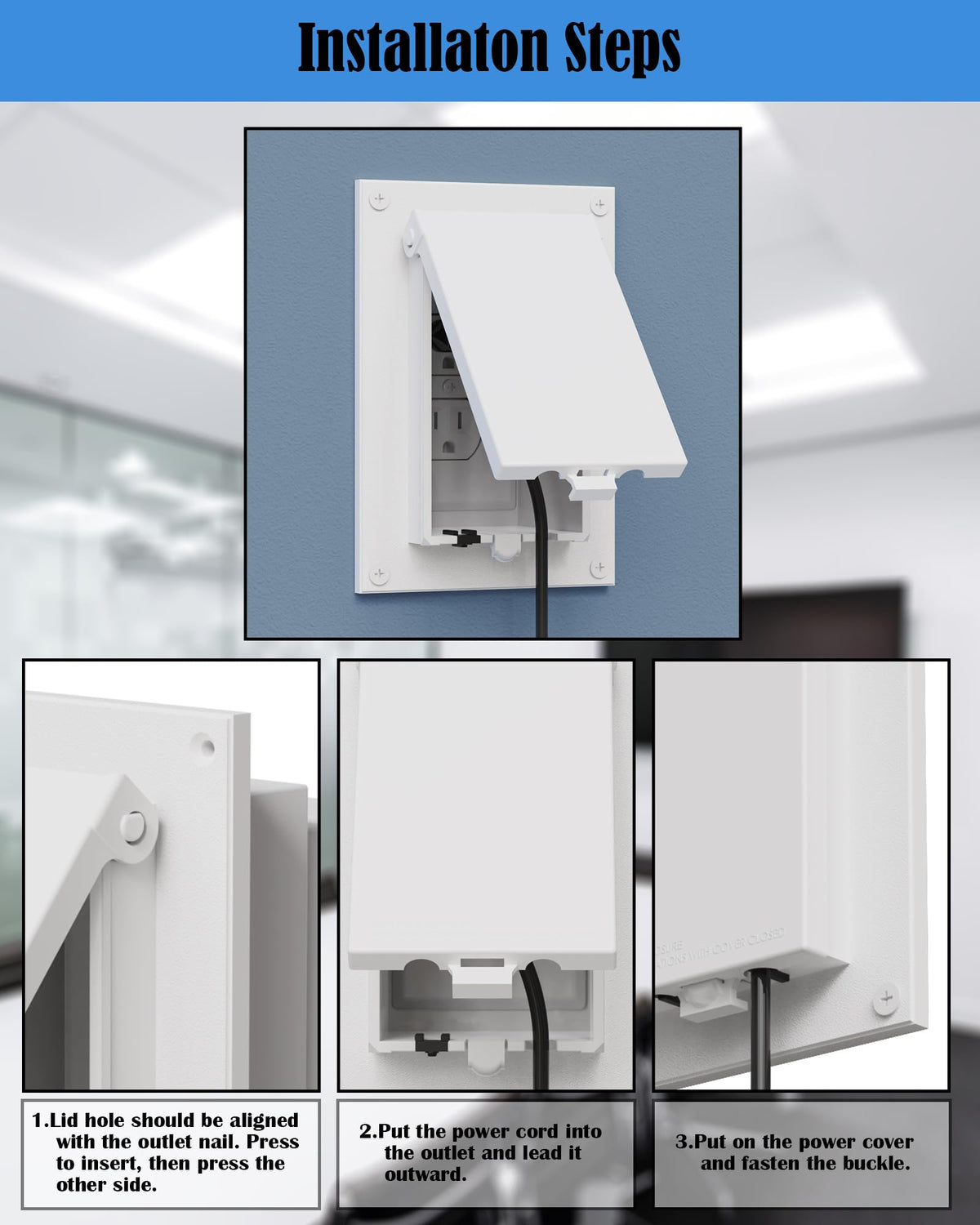 Outdoor outlet cover applied to box in outdoor, bathroom, or kitchen settings