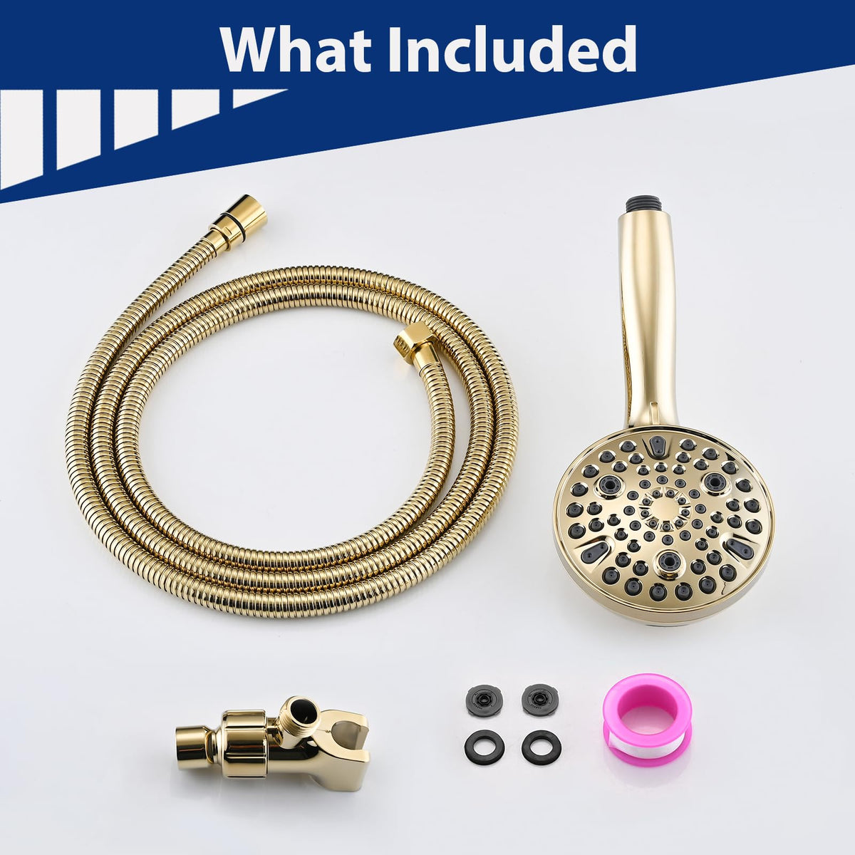 YASINU gold-finish handheld shower elevates any shower with style and performance.