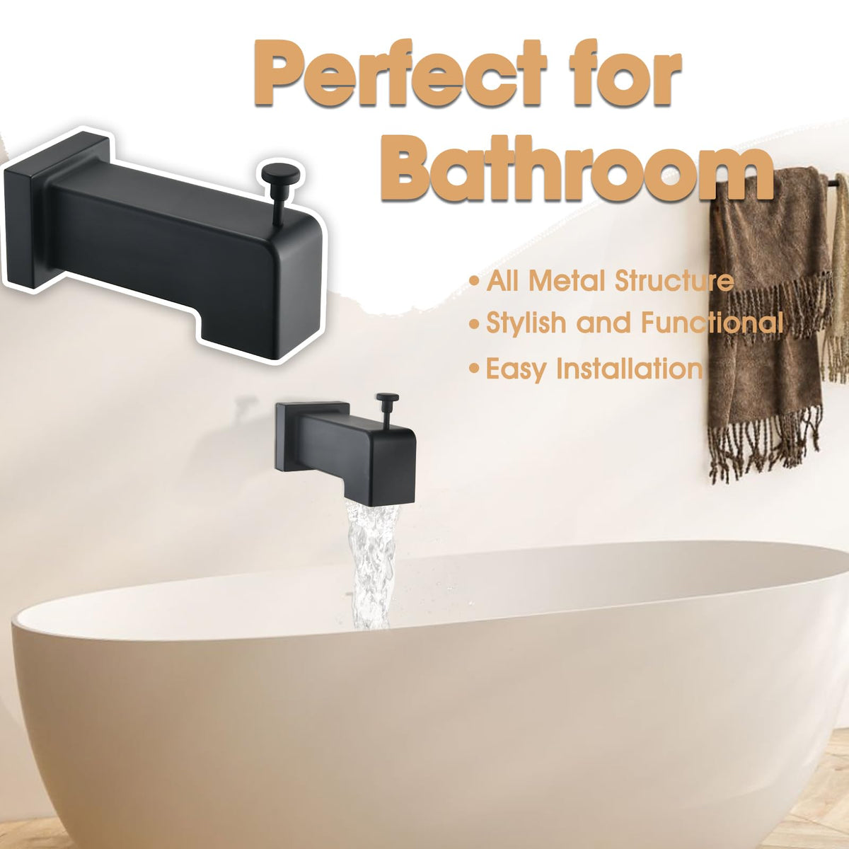 YASINU square design tub spout diverter complements modern bathrooms.