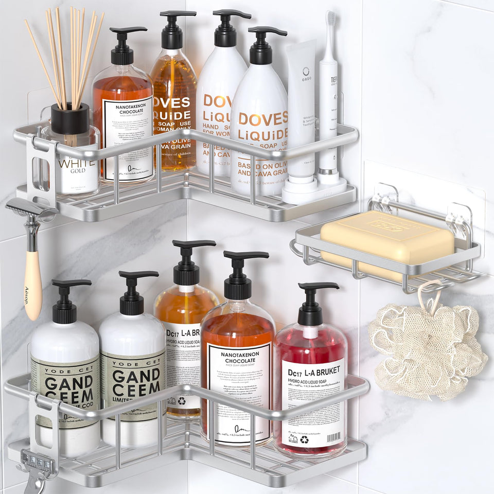 YASONIC corner shower caddy with two shelves keeps bathroom essentials organized.