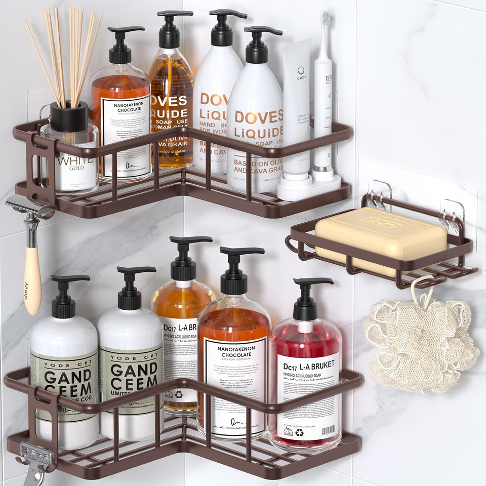 YASONIC bronze corner shower caddy mounted with adhesive for dorm bathrooms