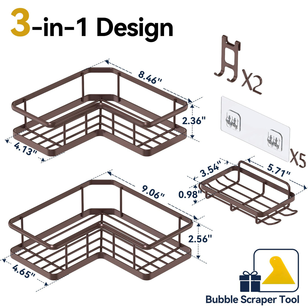Three-pack stainless steel shower shelves from YASONIC for rustproof durability